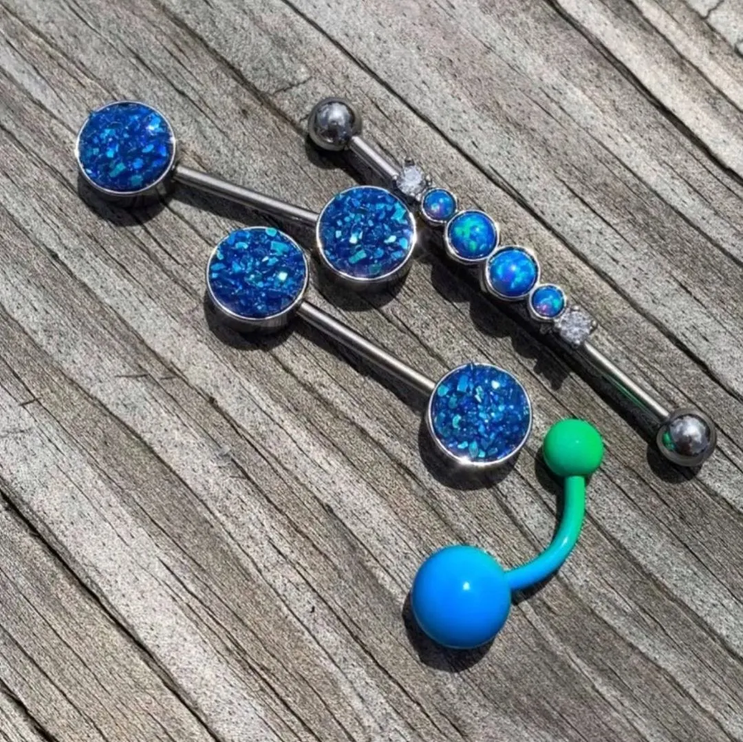 14 Gauge 9/16 Blue Synthetic Druzy Bodacious Barbell Nipple Ring Set