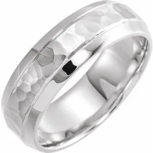 14K White 7 mm Beveled-Edge Band with Hammered Finish Size 11.5