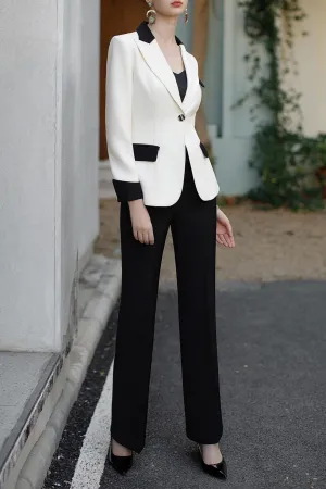 2 Piece Classic Elegant Black White Contrast Business Casual Slim Fit Single Button Women's Suit