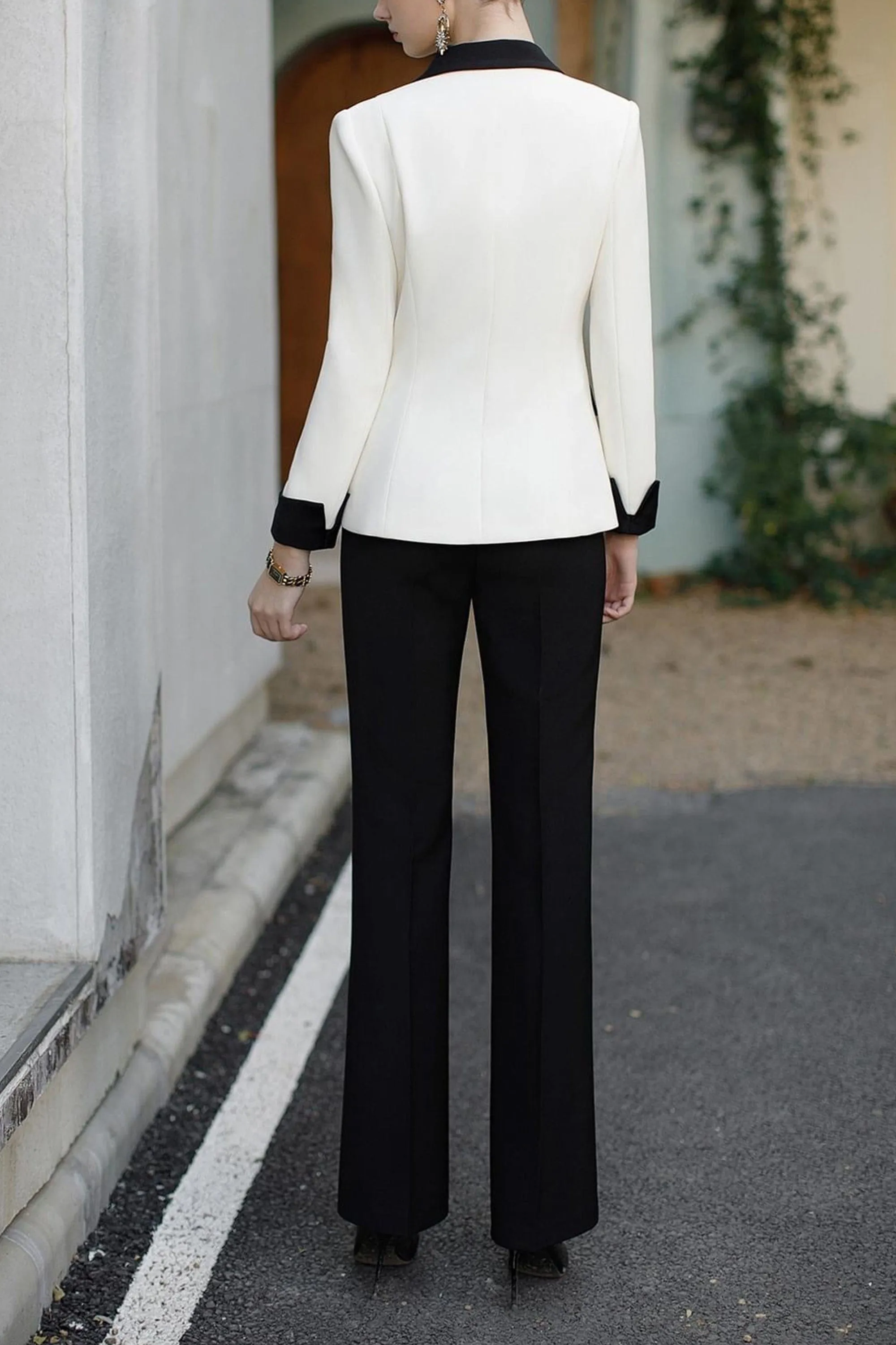 2 Piece Classic Elegant Black White Contrast Business Casual Slim Fit Single Button Women's Suit