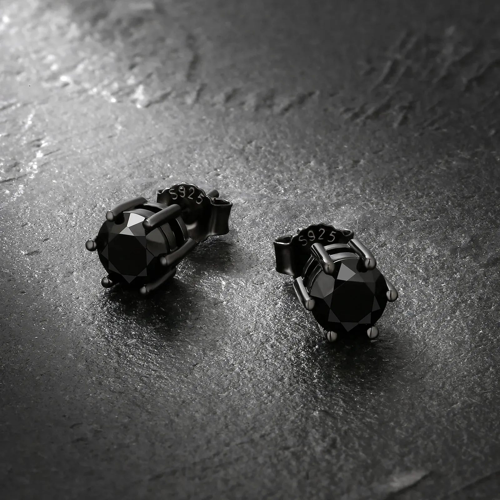 6mm Black Diamond Round Stud Earrings in 925 Sterling Silver