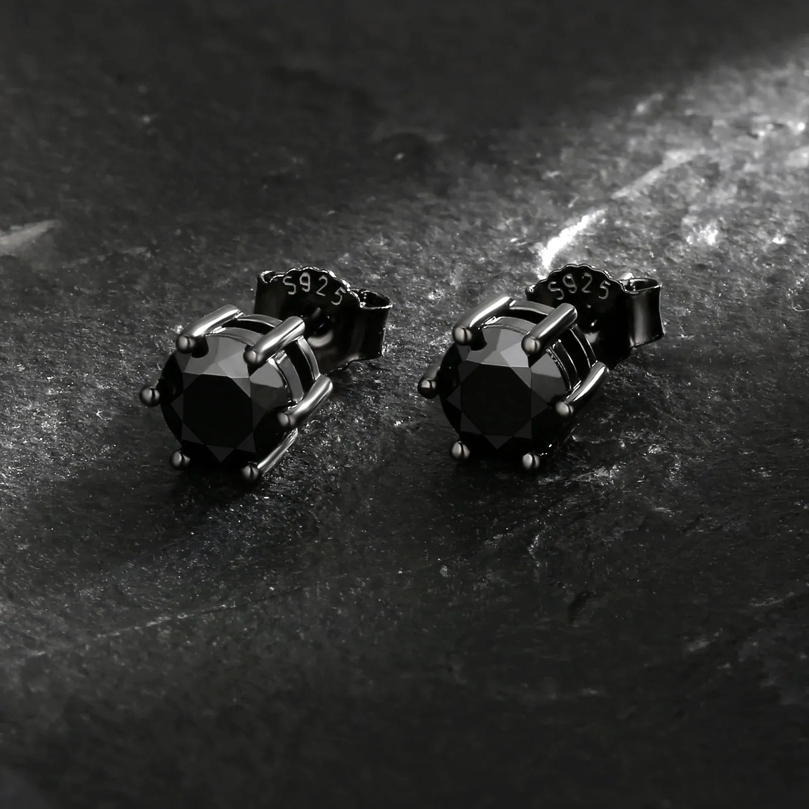 6mm Black Diamond Round Stud Earrings in 925 Sterling Silver
