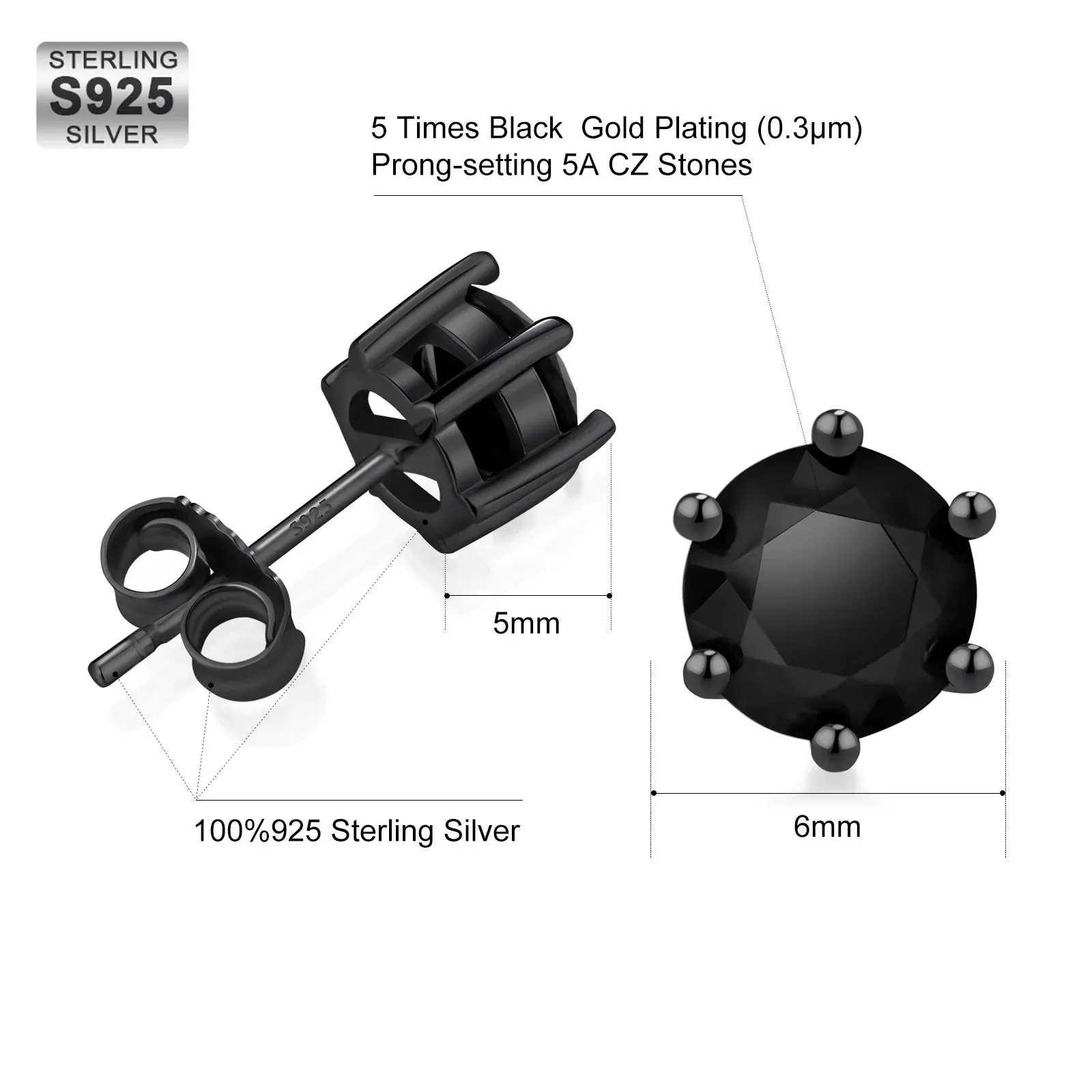 6mm Black Diamond Round Stud Earrings in 925 Sterling Silver