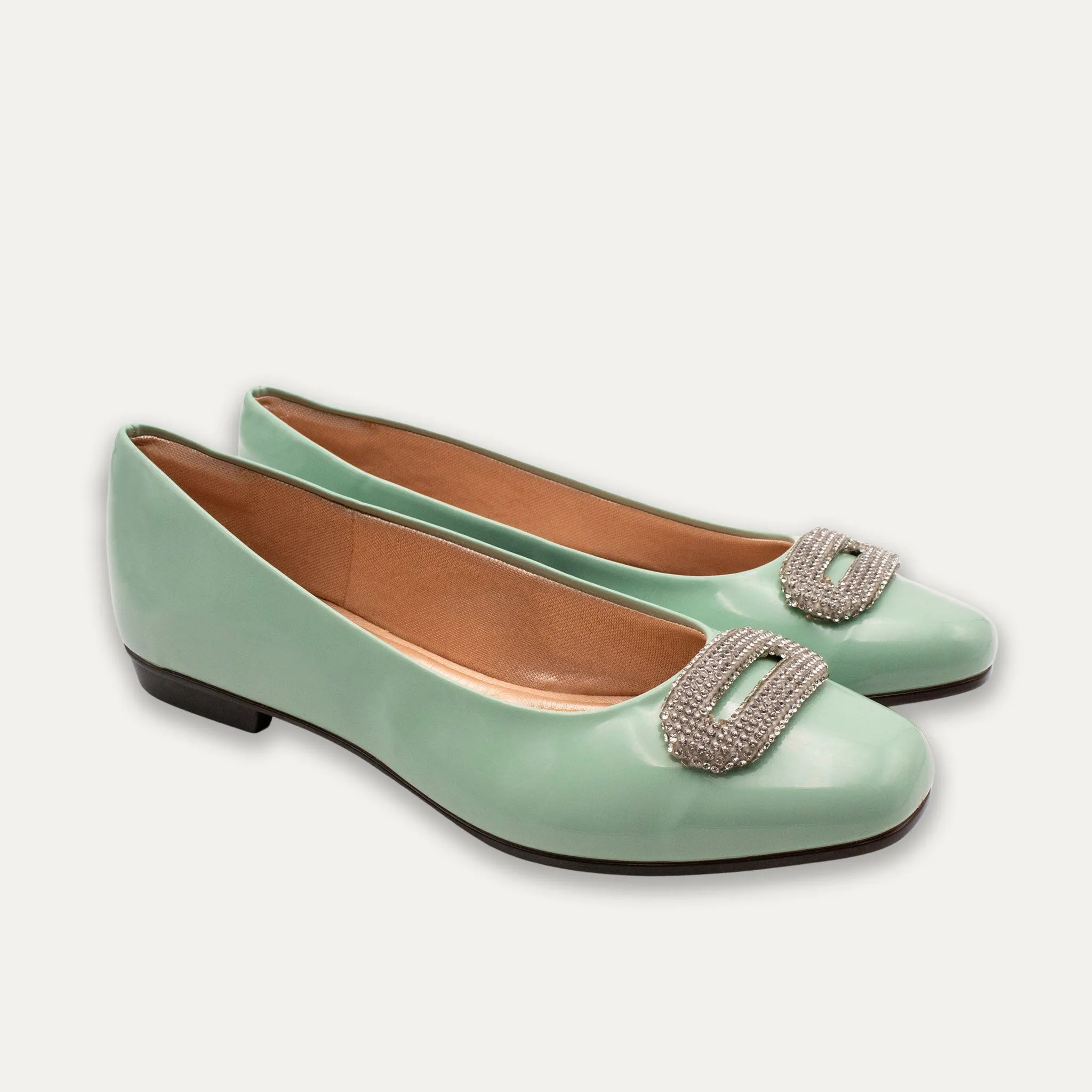 Adel Crystal Buckle Matcha Ballet Flats