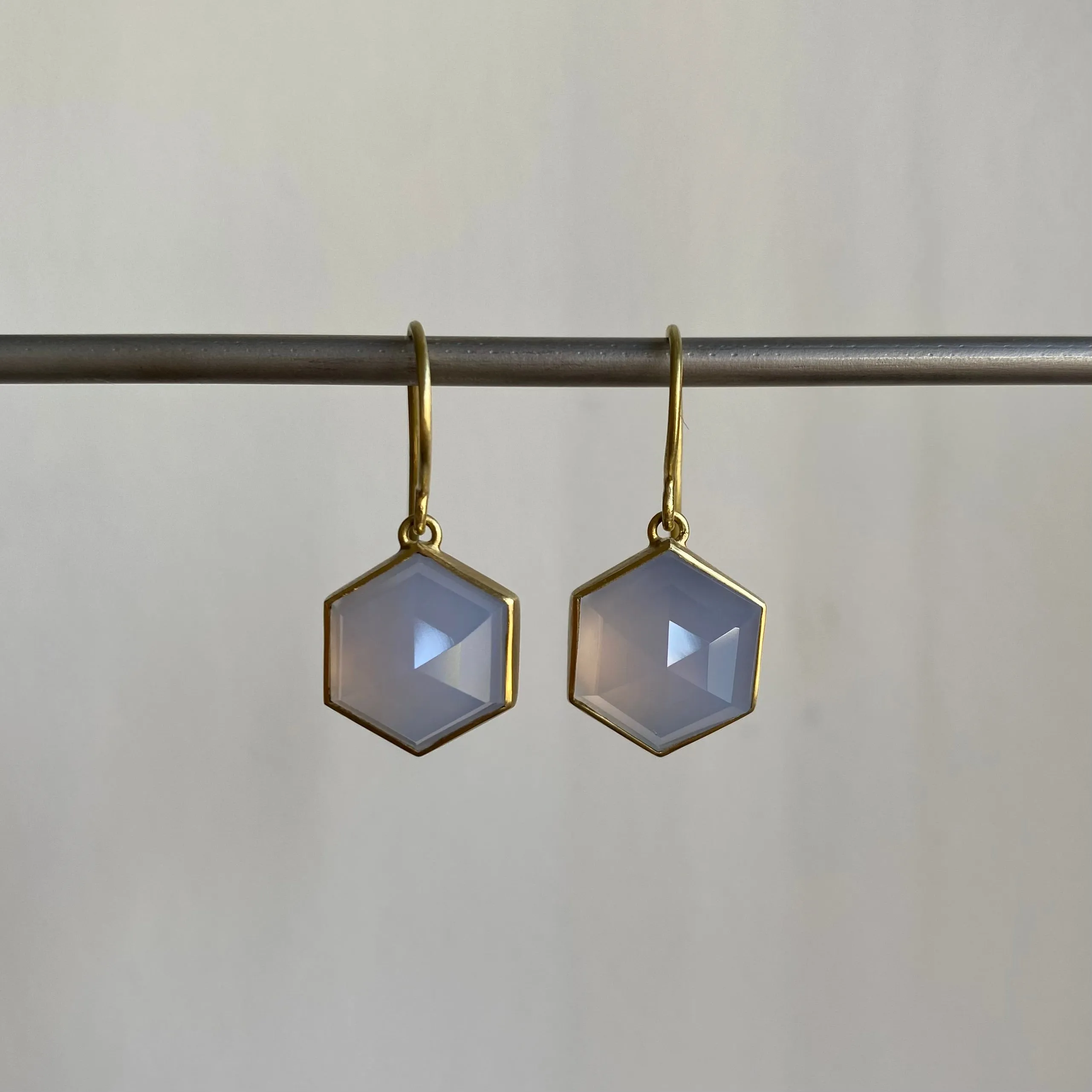 Bezel Set Lilac Chalcedony Hexagon Drop Earrings