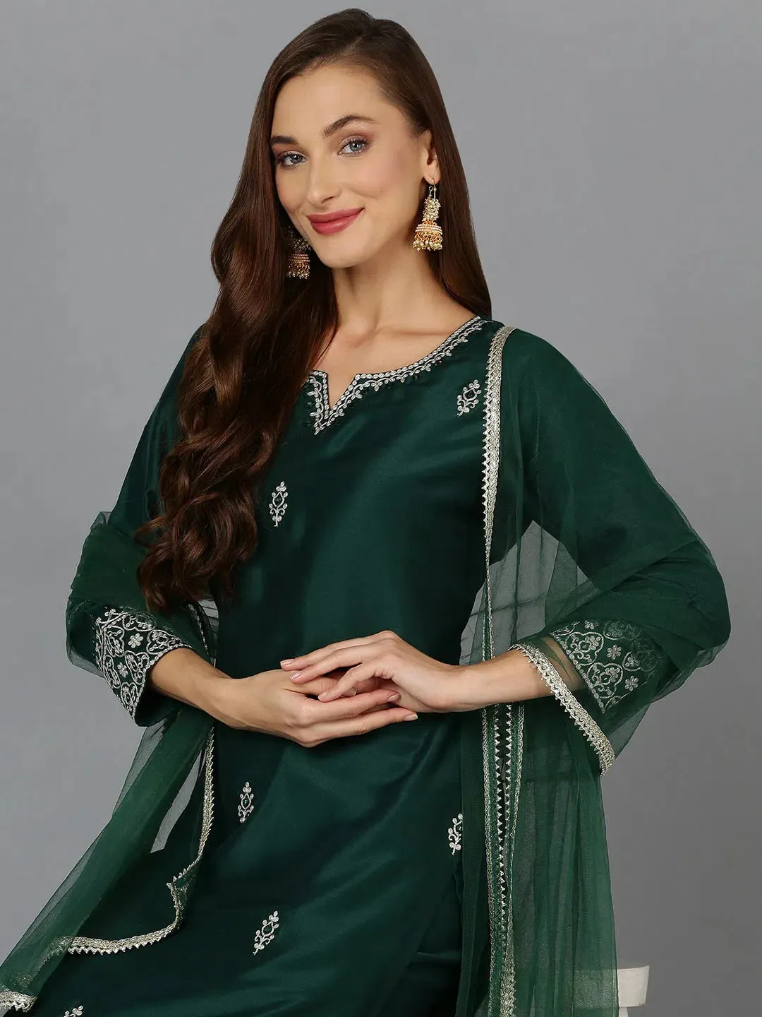 Bottle Green Straight Kurta Pant With Dupatta