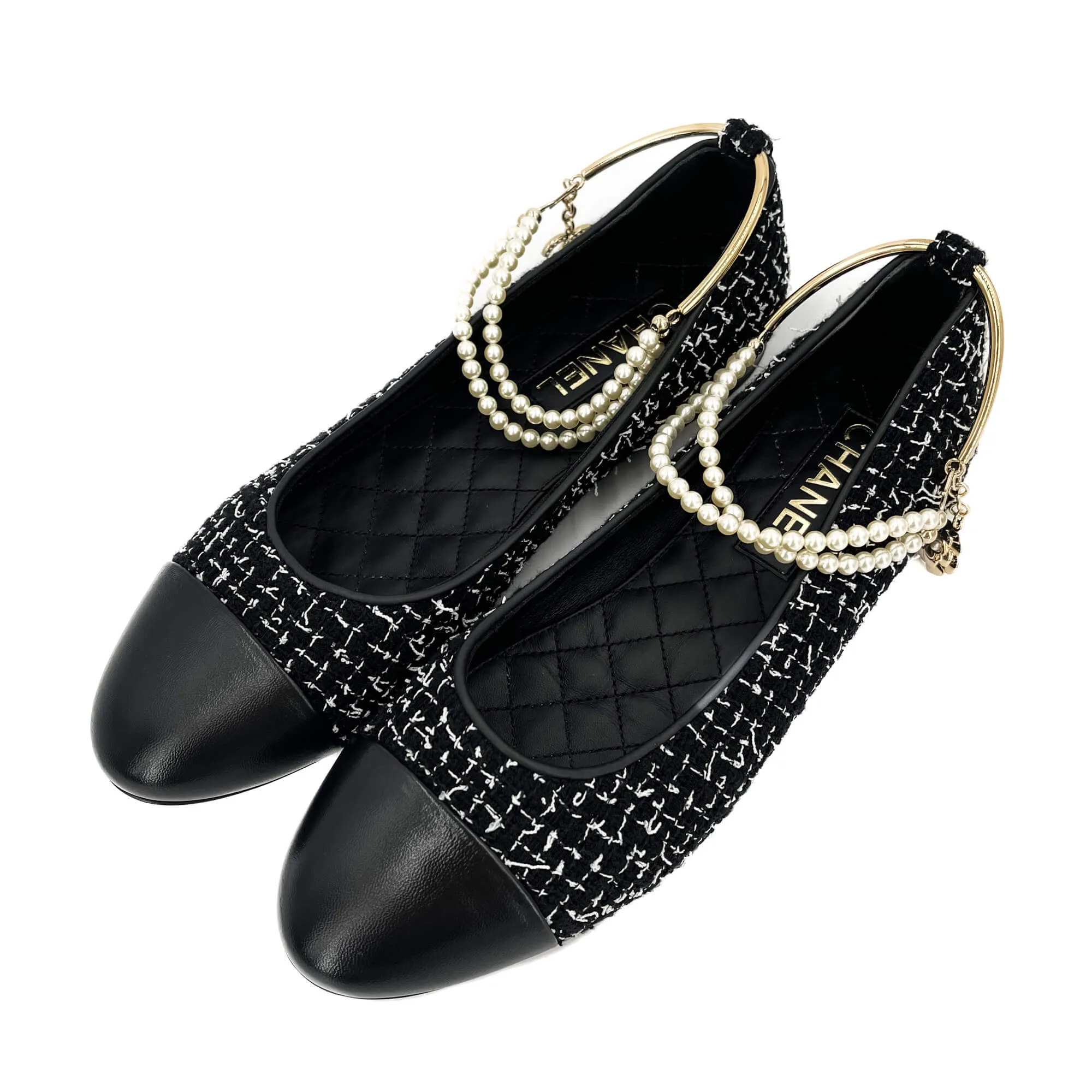 Cap-Toe Ballet Flap Tweed Shoes Black & White