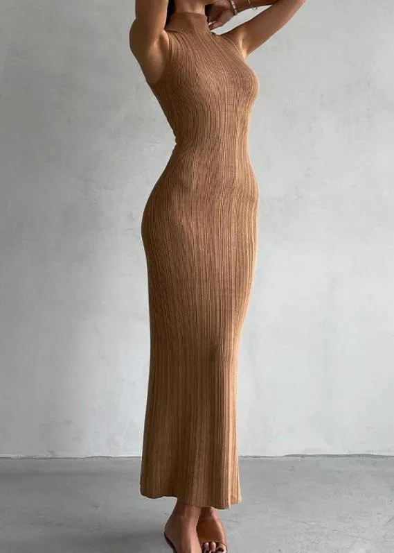 Caramel Ribbed Sleeveless Maxi Dress