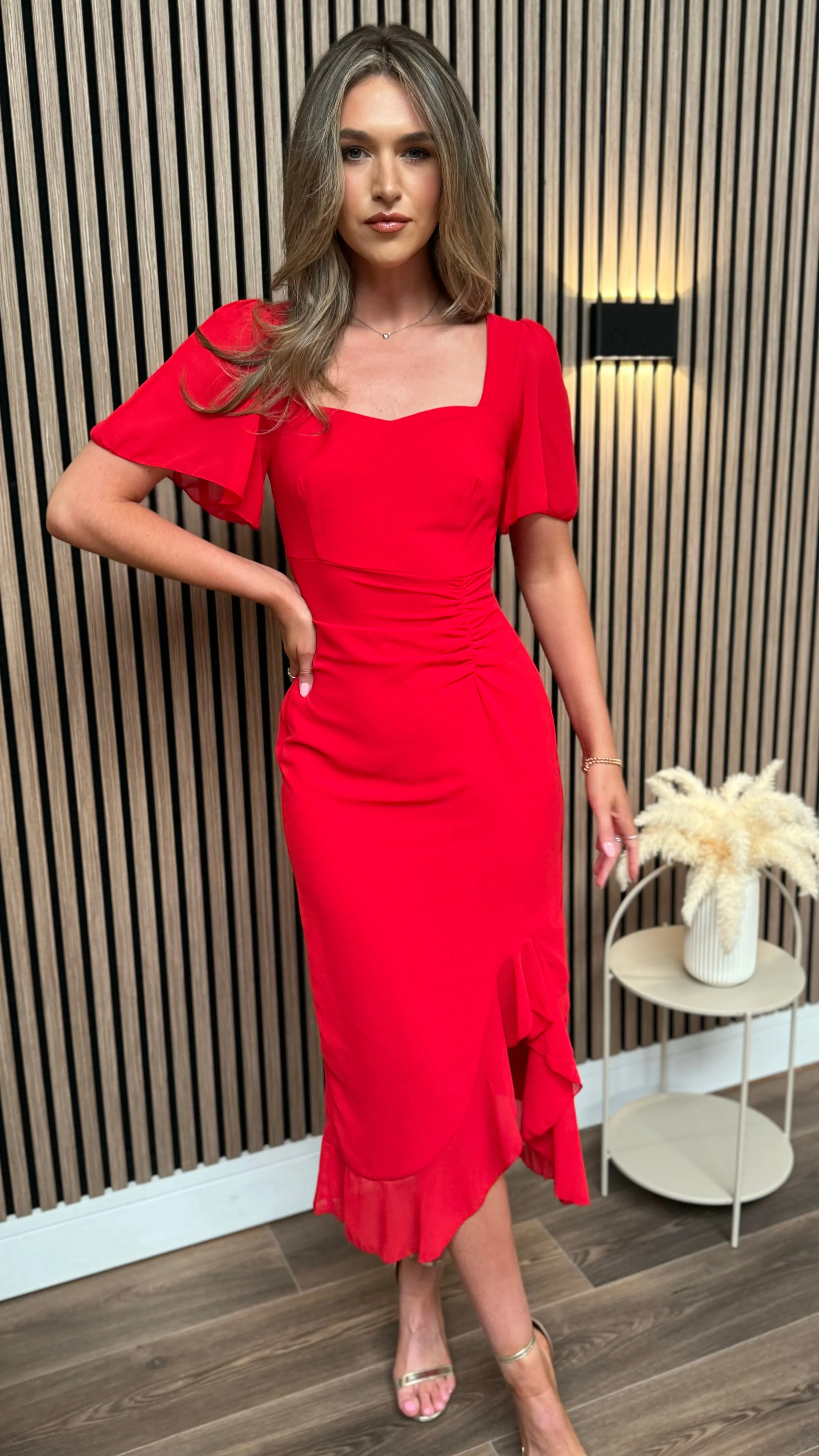 Carrie Red Ruched Detail Frill Hem Midi Dress
