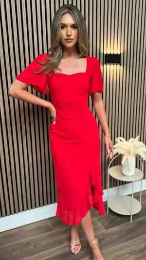 Carrie Red Ruched Detail Frill Hem Midi Dress