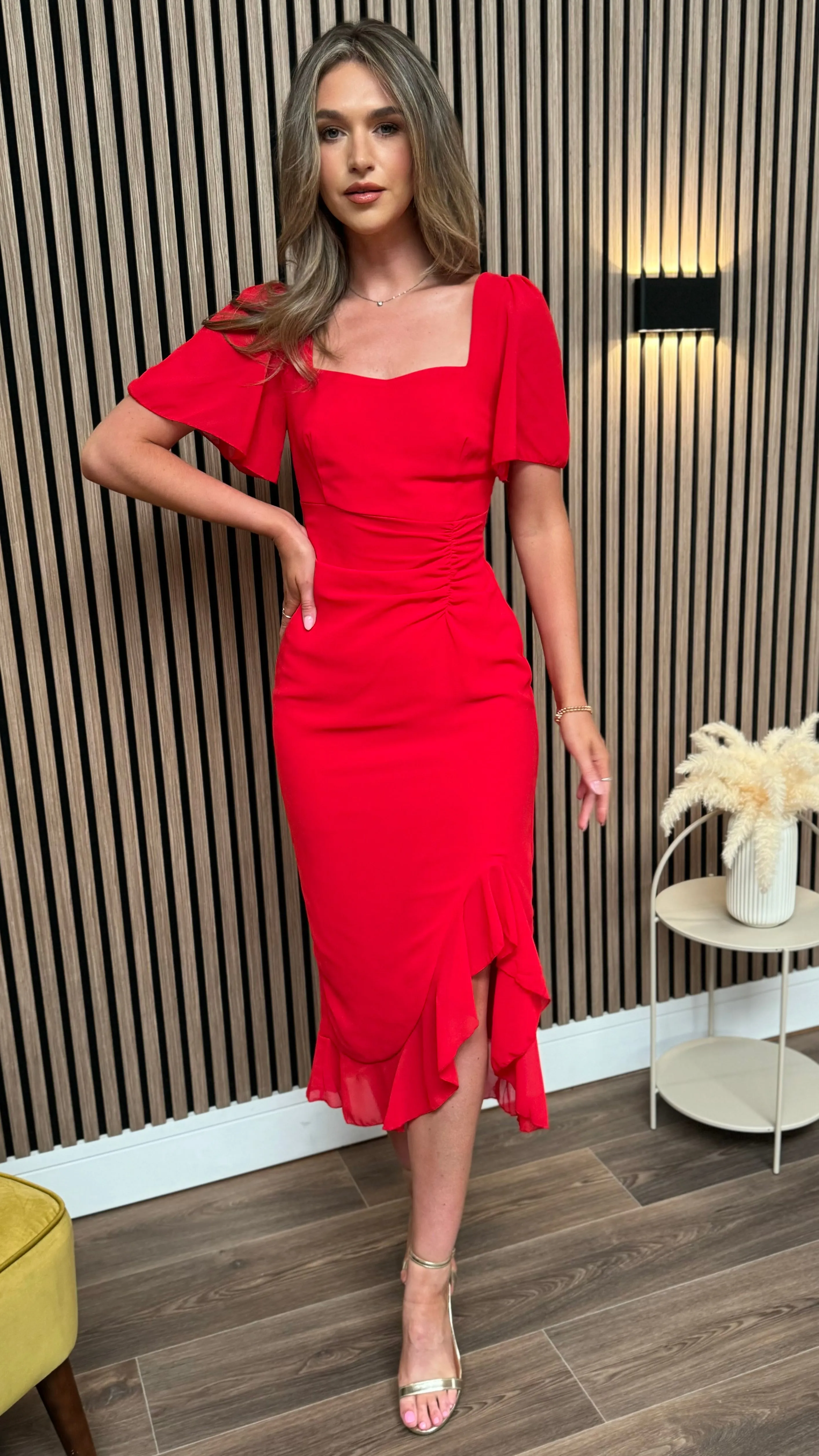 Carrie Red Ruched Detail Frill Hem Midi Dress