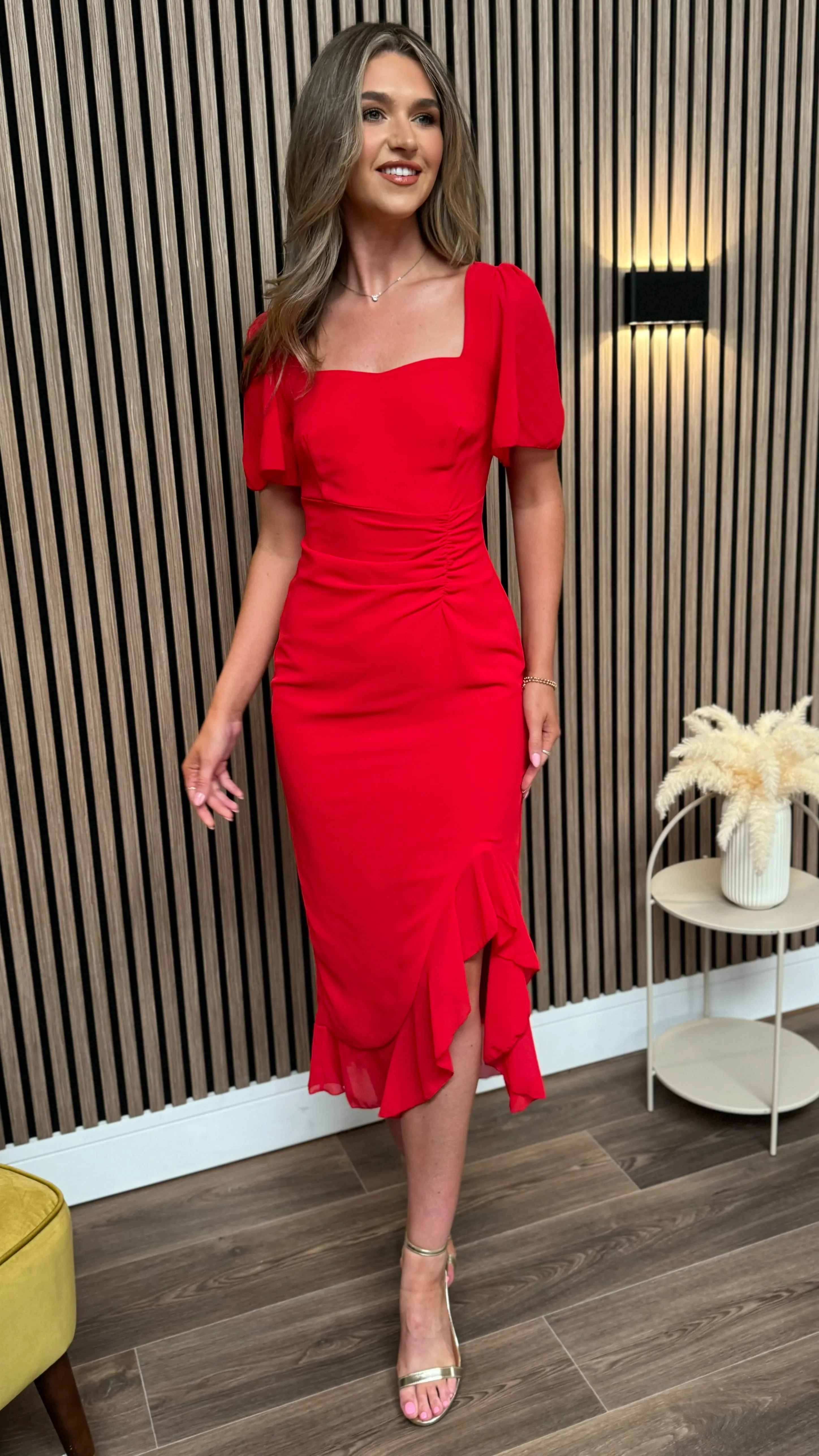 Carrie Red Ruched Detail Frill Hem Midi Dress