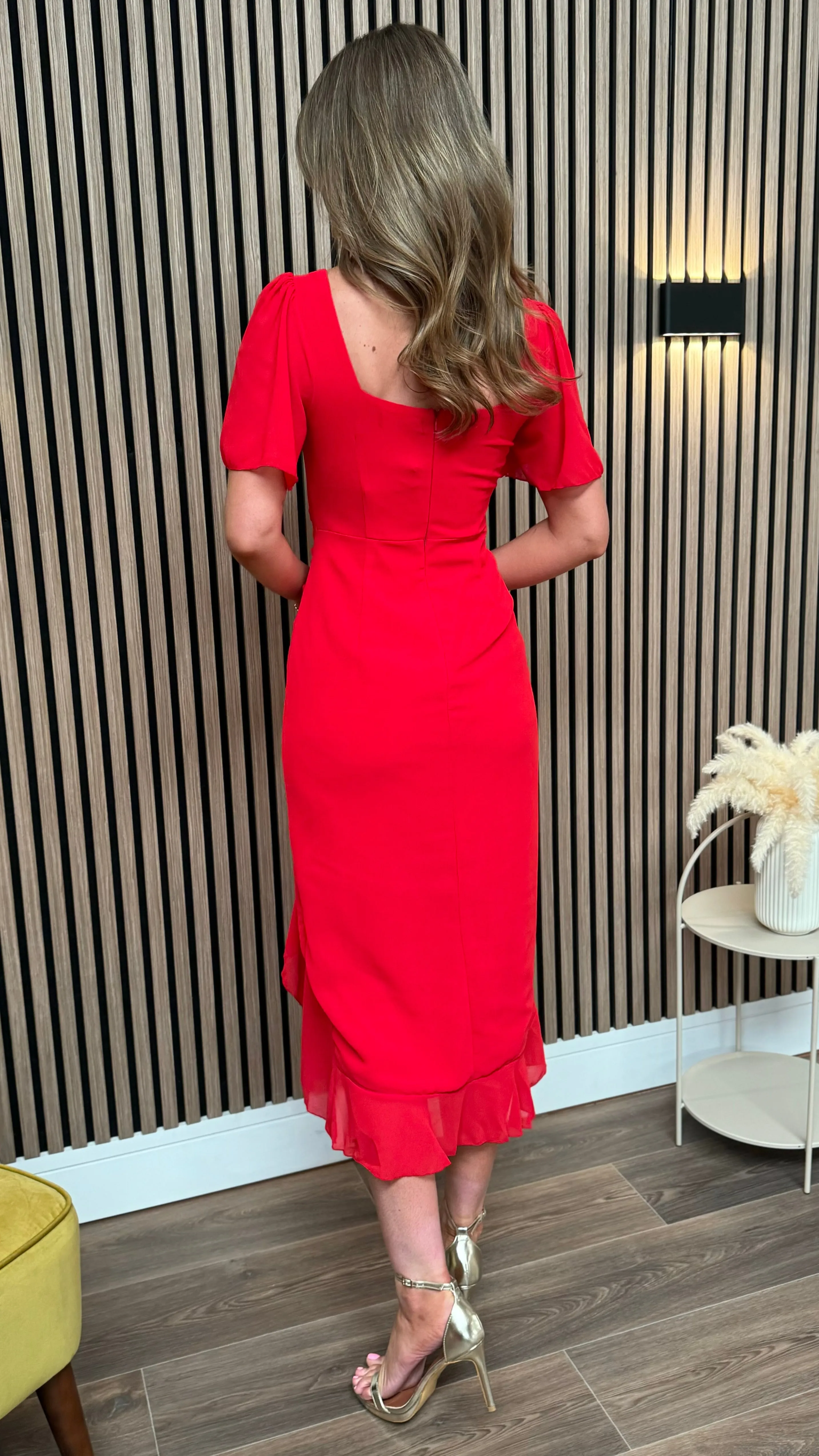 Carrie Red Ruched Detail Frill Hem Midi Dress