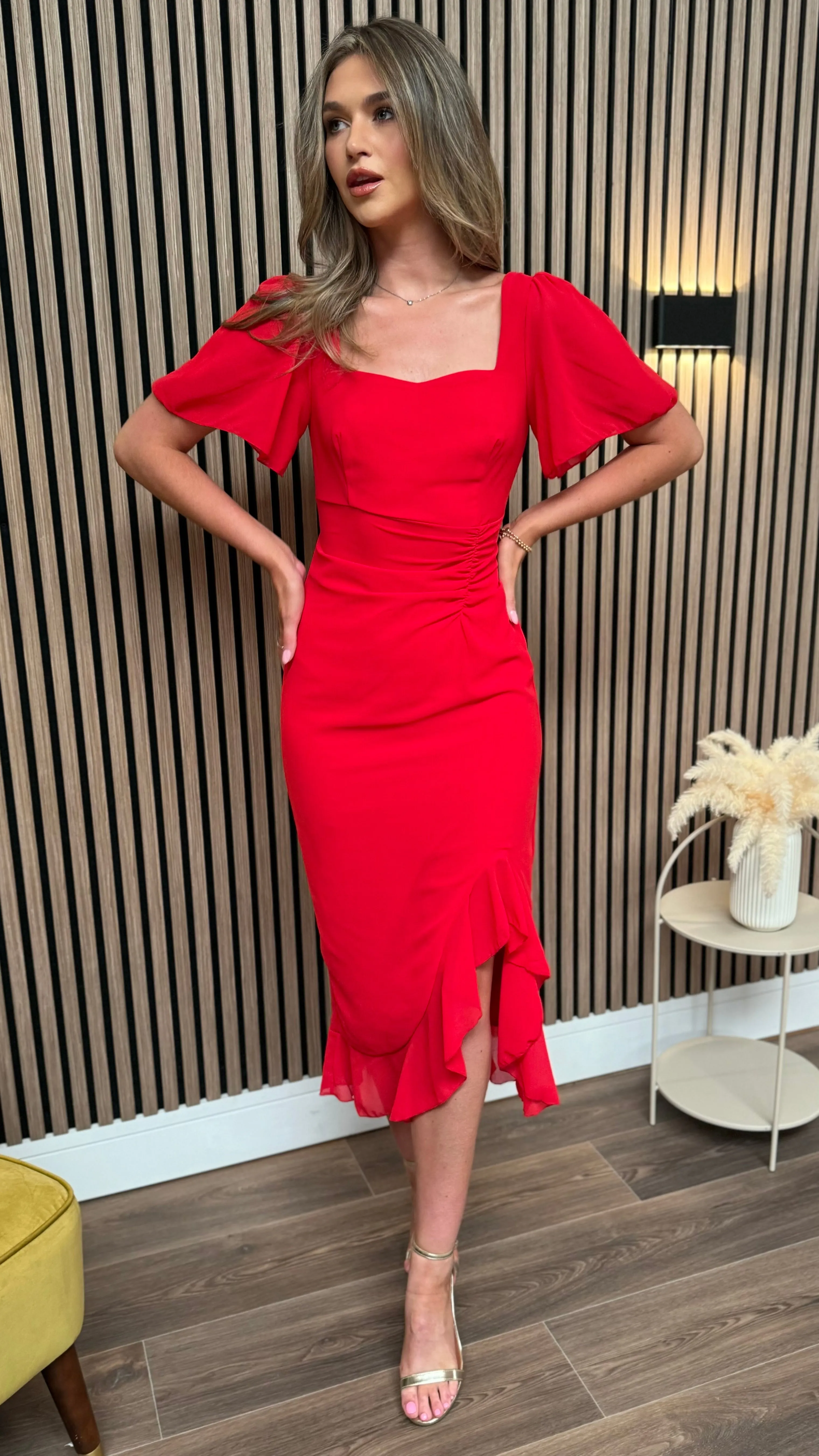 Carrie Red Ruched Detail Frill Hem Midi Dress