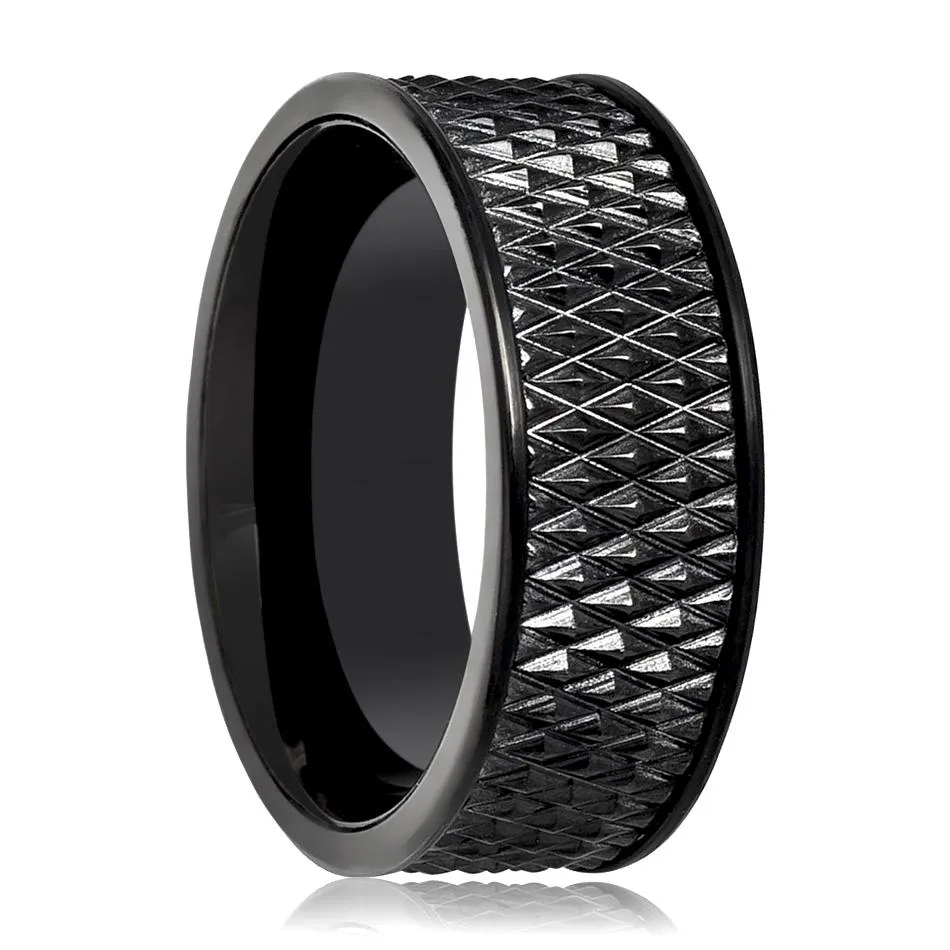 CASSIUS | Black Tungsten Ring, Parallelogram Pattern, Flat