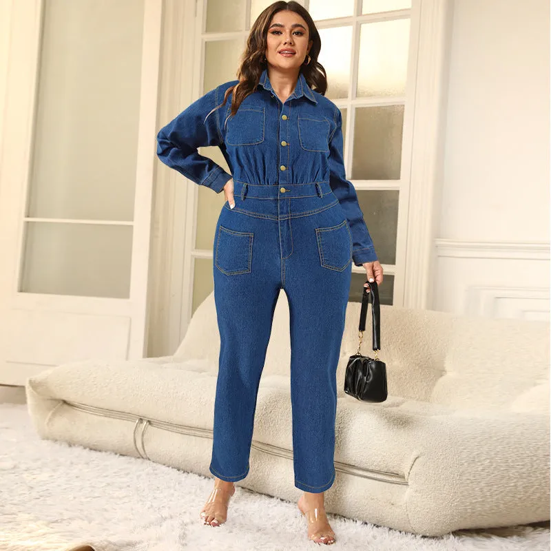 Chic Button-Up Denim Jumpsuit with Cinched Waist and Utility Pockets