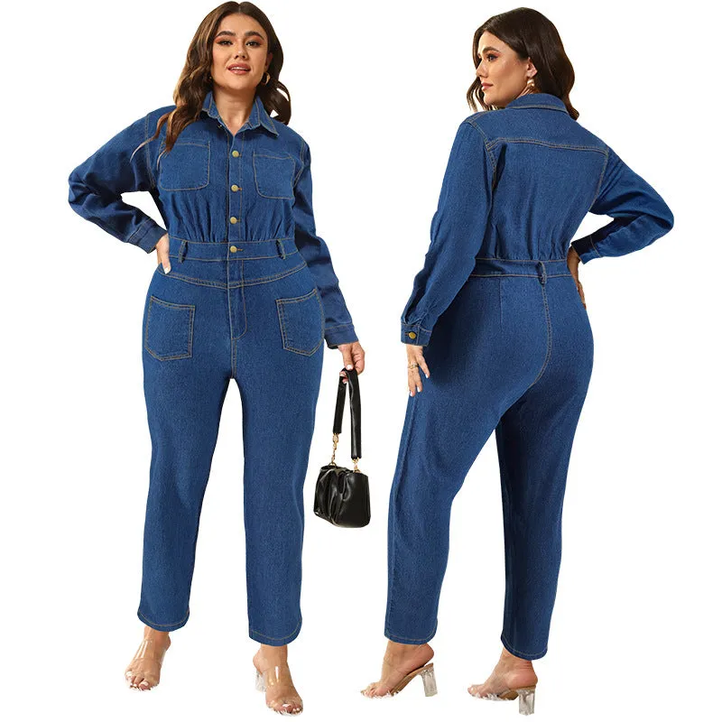 Chic Button-Up Denim Jumpsuit with Cinched Waist and Utility Pockets