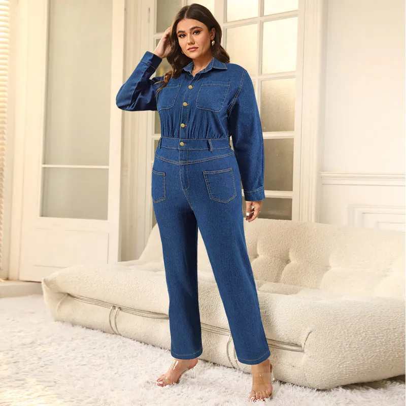 Chic Button-Up Denim Jumpsuit with Cinched Waist and Utility Pockets