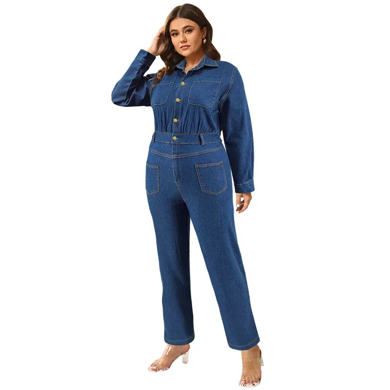 Chic Button-Up Denim Jumpsuit with Cinched Waist and Utility Pockets