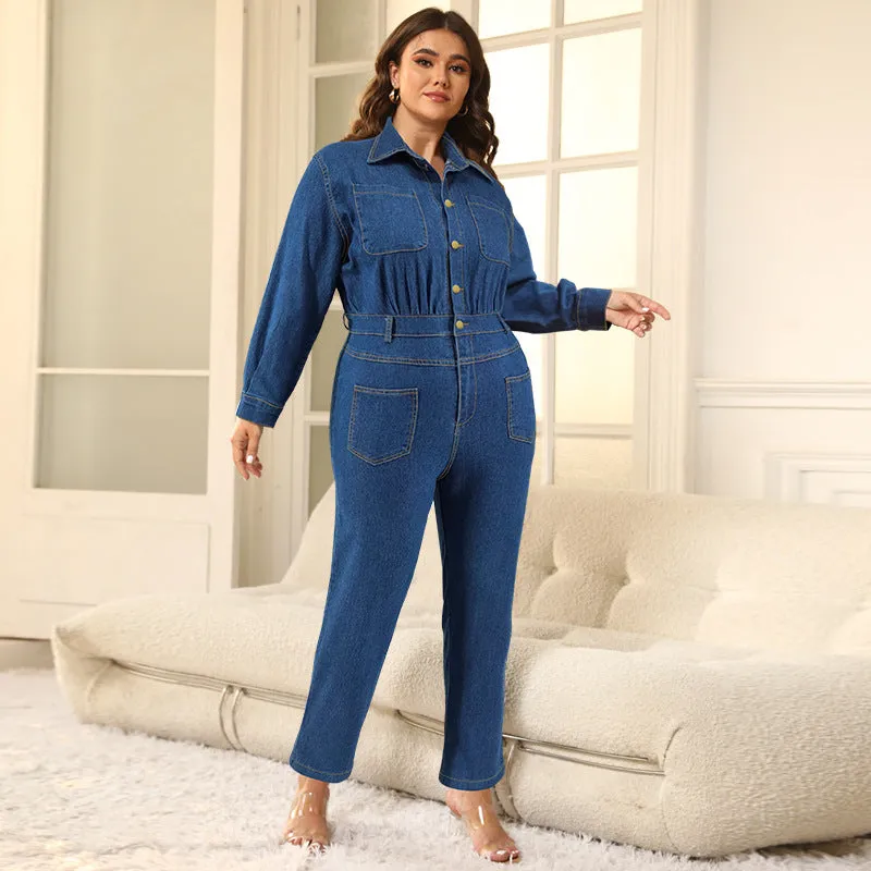 Chic Button-Up Denim Jumpsuit with Cinched Waist and Utility Pockets