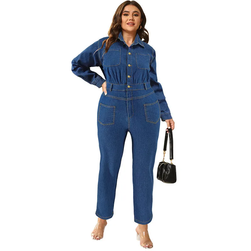 Chic Button-Up Denim Jumpsuit with Cinched Waist and Utility Pockets