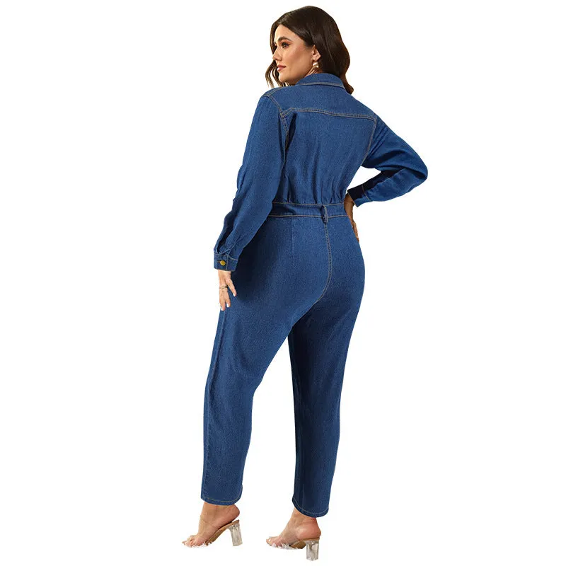 Chic Button-Up Denim Jumpsuit with Cinched Waist and Utility Pockets