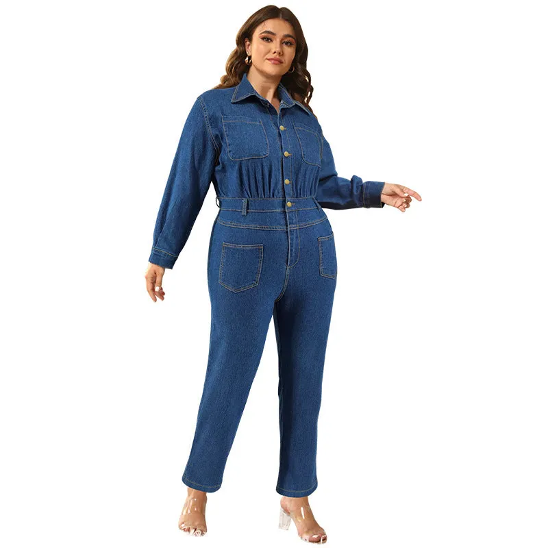 Chic Button-Up Denim Jumpsuit with Cinched Waist and Utility Pockets