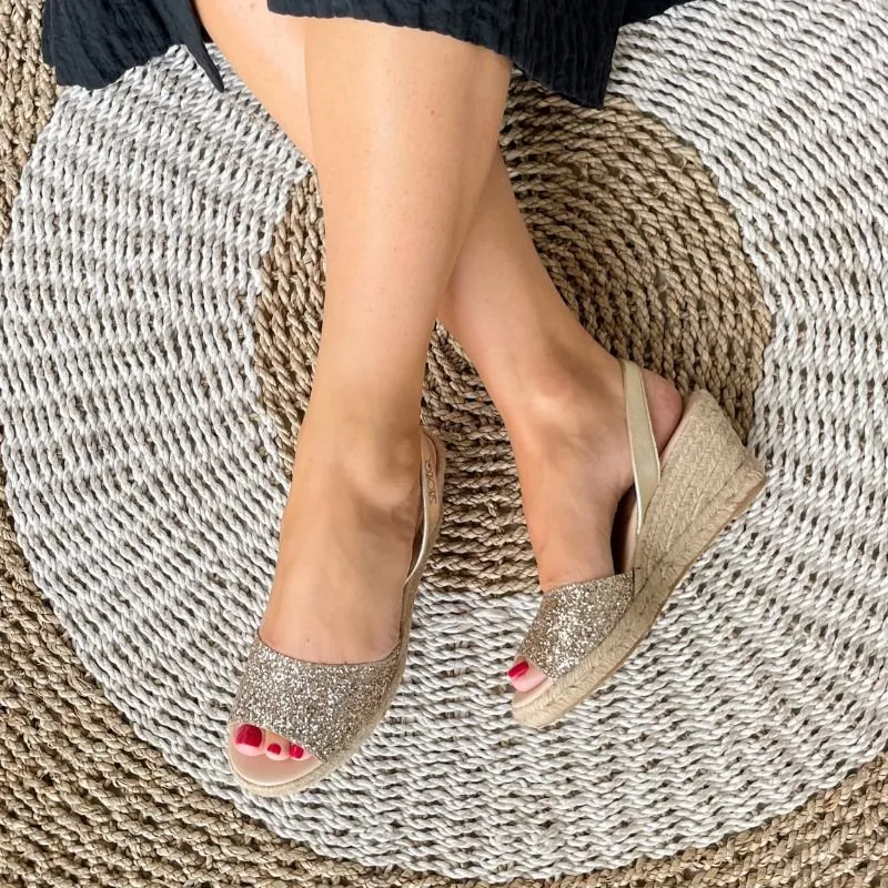 Classic Espadrille Wedge in Champagne Glitter