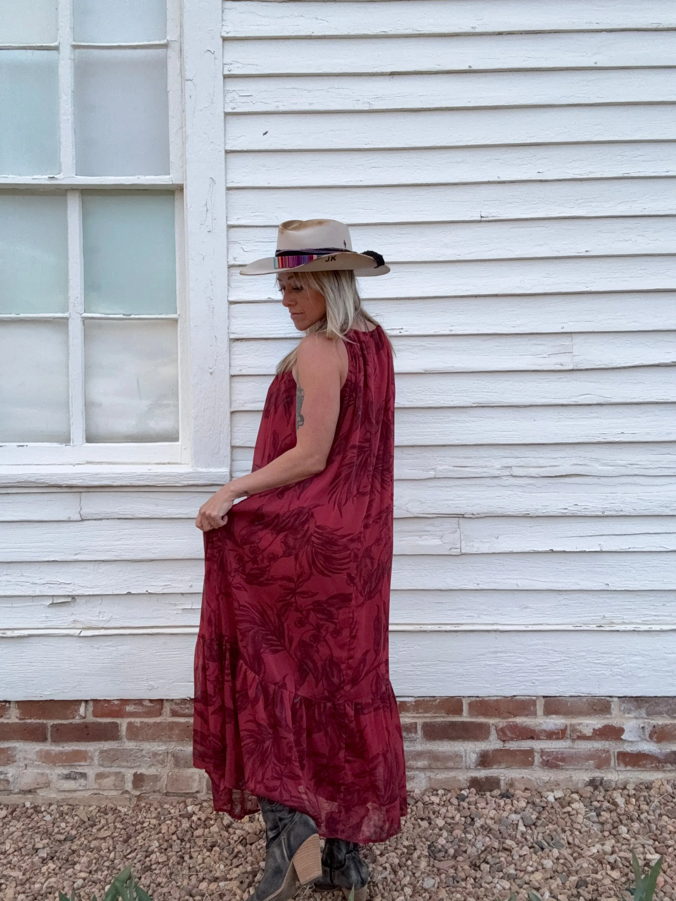 Cowgirl  Flowy Floral Tie Front Halter Maxi Dress