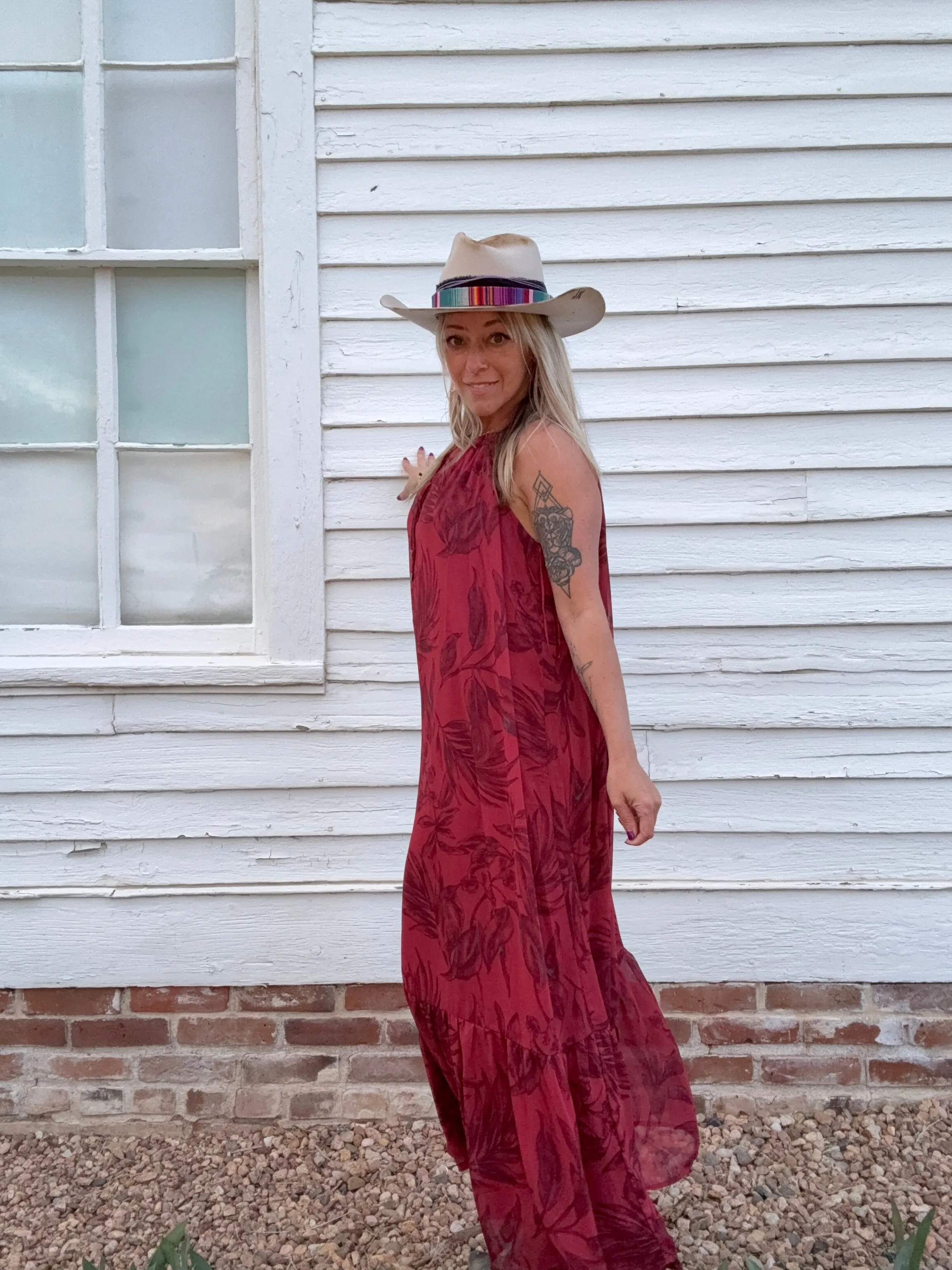 Cowgirl  Flowy Floral Tie Front Halter Maxi Dress