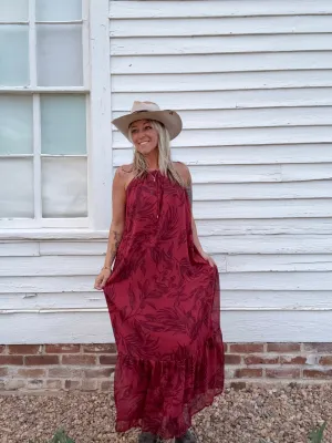 Cowgirl  Flowy Floral Tie Front Halter Maxi Dress