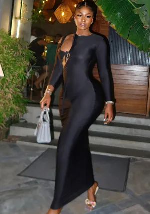 Elegant Asymmetrical Tie Detail Long Sleeve Bodycon Maxi Dress