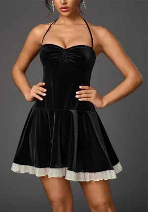 Glamorous Velvet Halter Neck A-Line Mini Dress with Sheer Hem