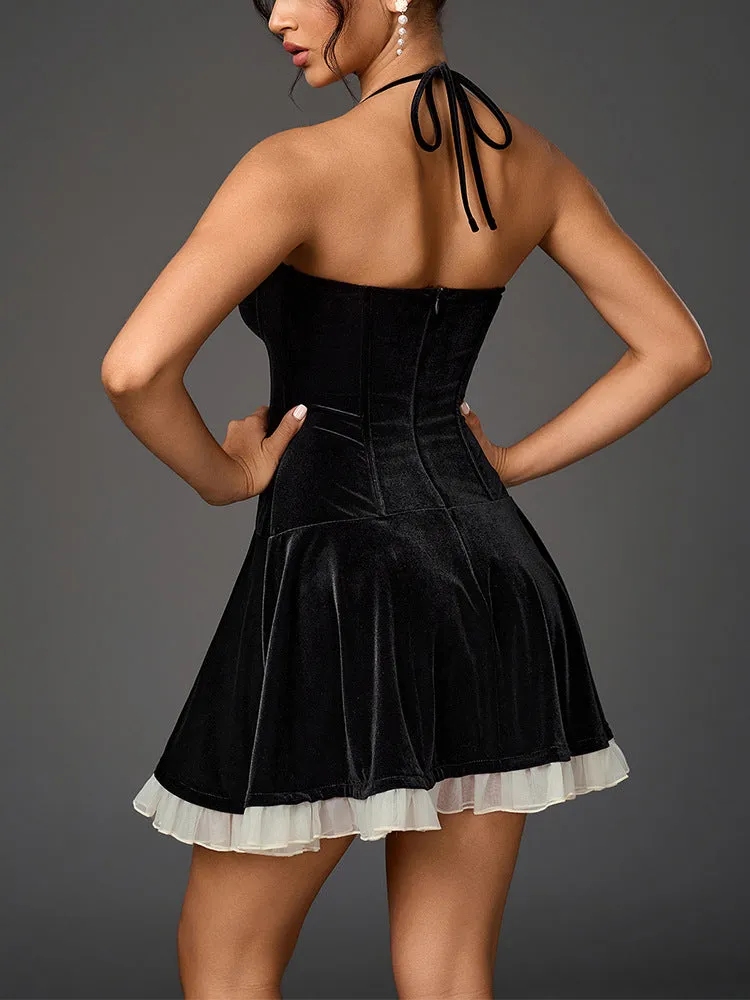 Glamorous Velvet Halter Neck A-Line Mini Dress with Sheer Hem
