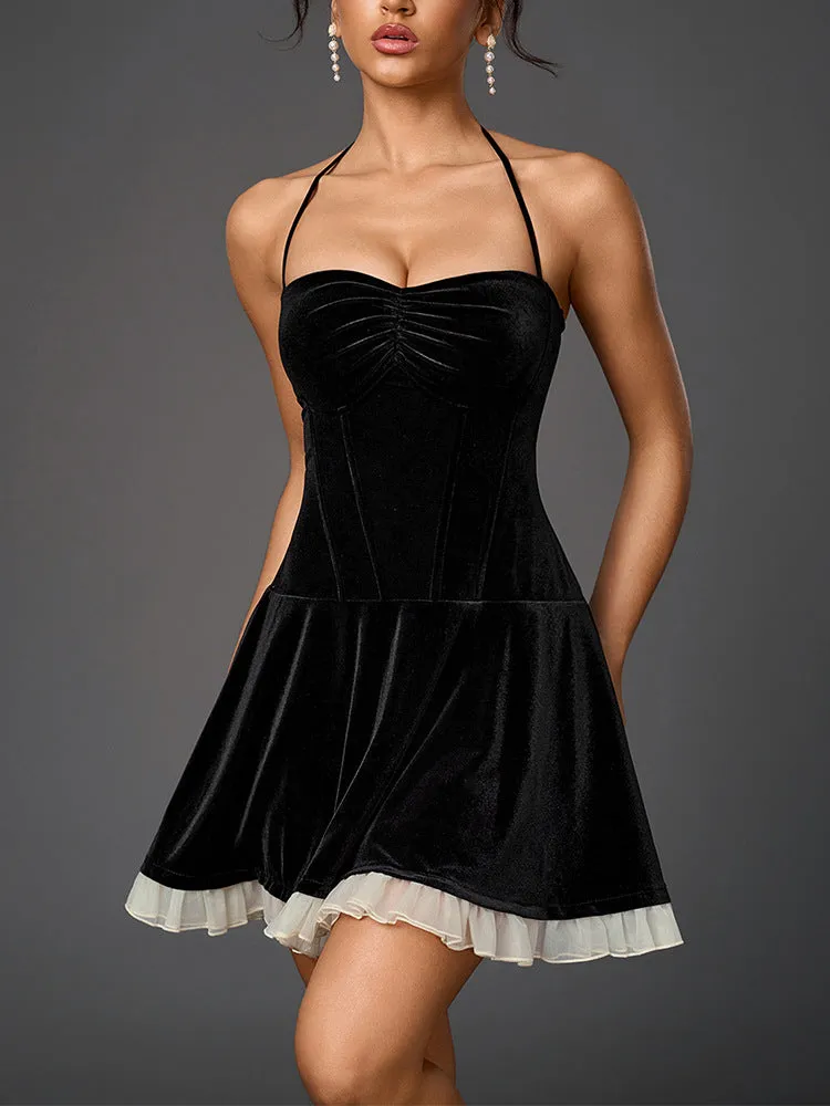 Glamorous Velvet Halter Neck A-Line Mini Dress with Sheer Hem