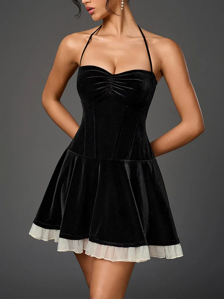 Glamorous Velvet Halter Neck A-Line Mini Dress with Sheer Hem