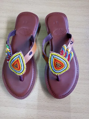 Handmade African Beaded Sandals/Authentic Maasai-Style Leather Flip-Flops Women/Boho Beach Sandals/Comfortable Summer Sandal African Gifts