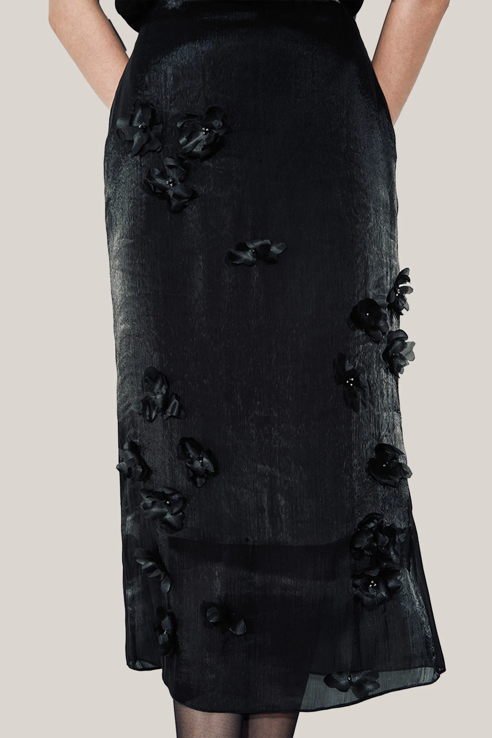 HOBB • Thalia Straight Flower Applique Organza Midi Skirt