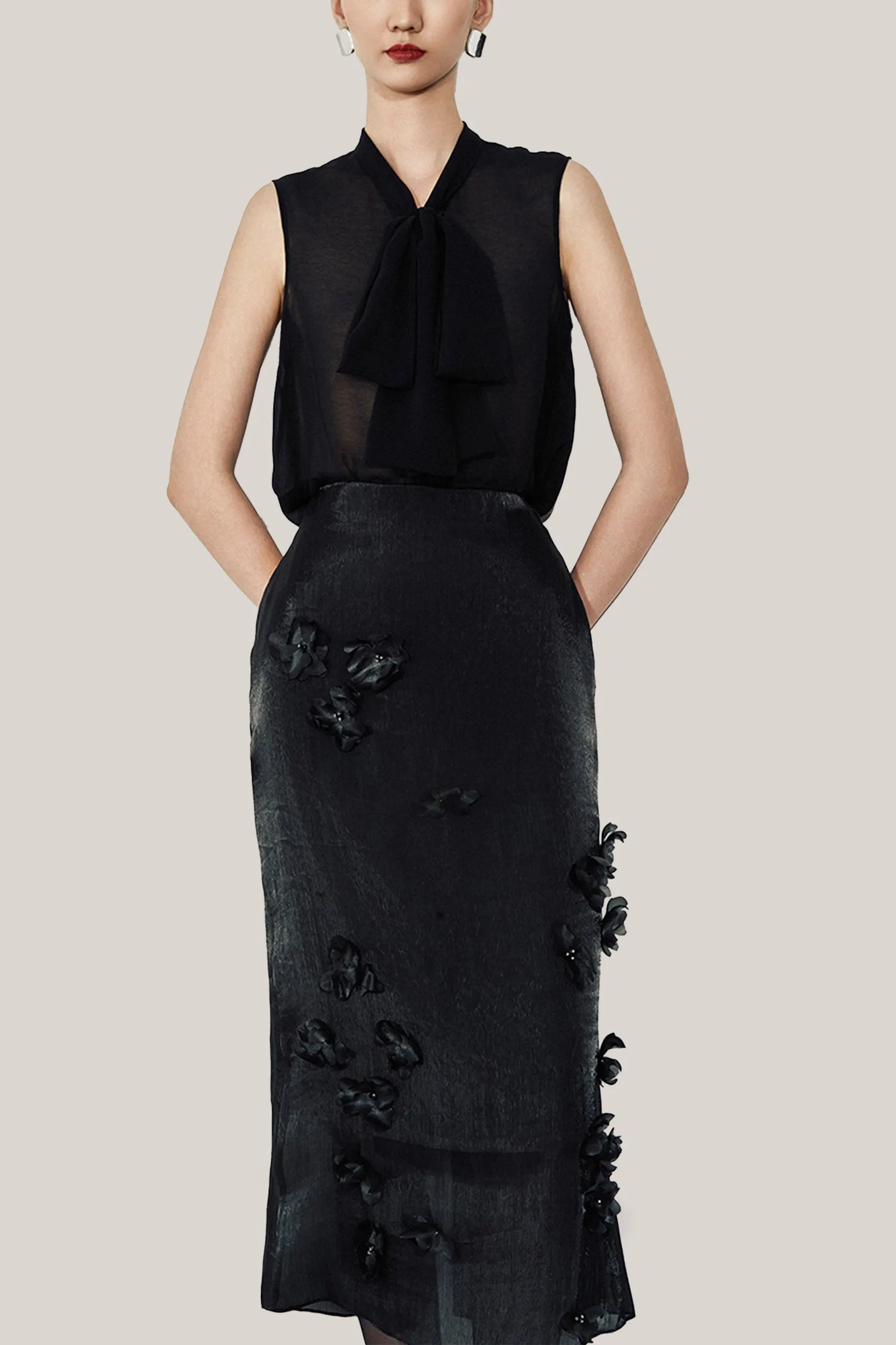 HOBB • Thalia Straight Flower Applique Organza Midi Skirt