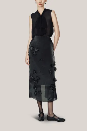 HOBB • Thalia Straight Flower Applique Organza Midi Skirt