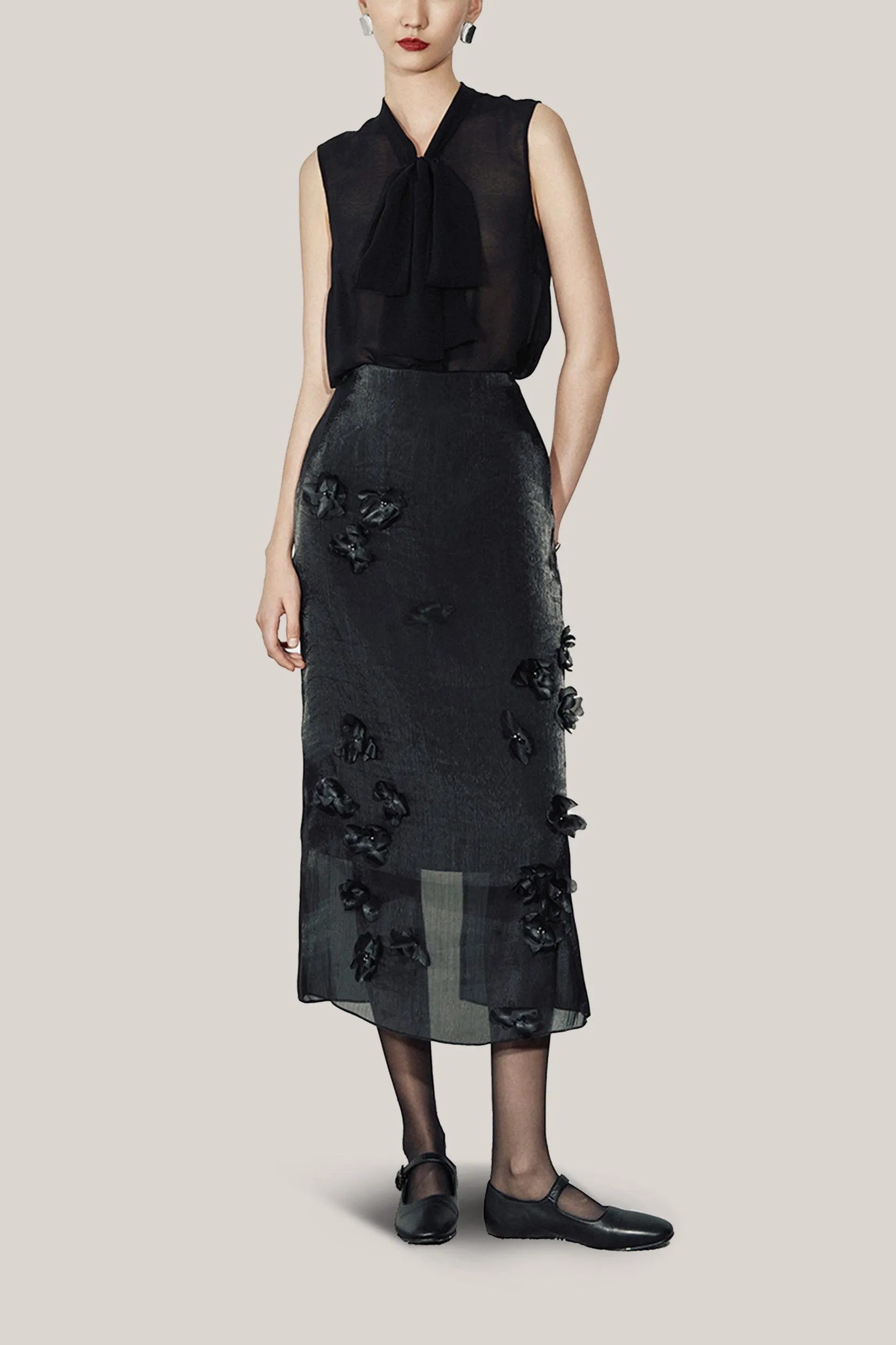 HOBB • Thalia Straight Flower Applique Organza Midi Skirt