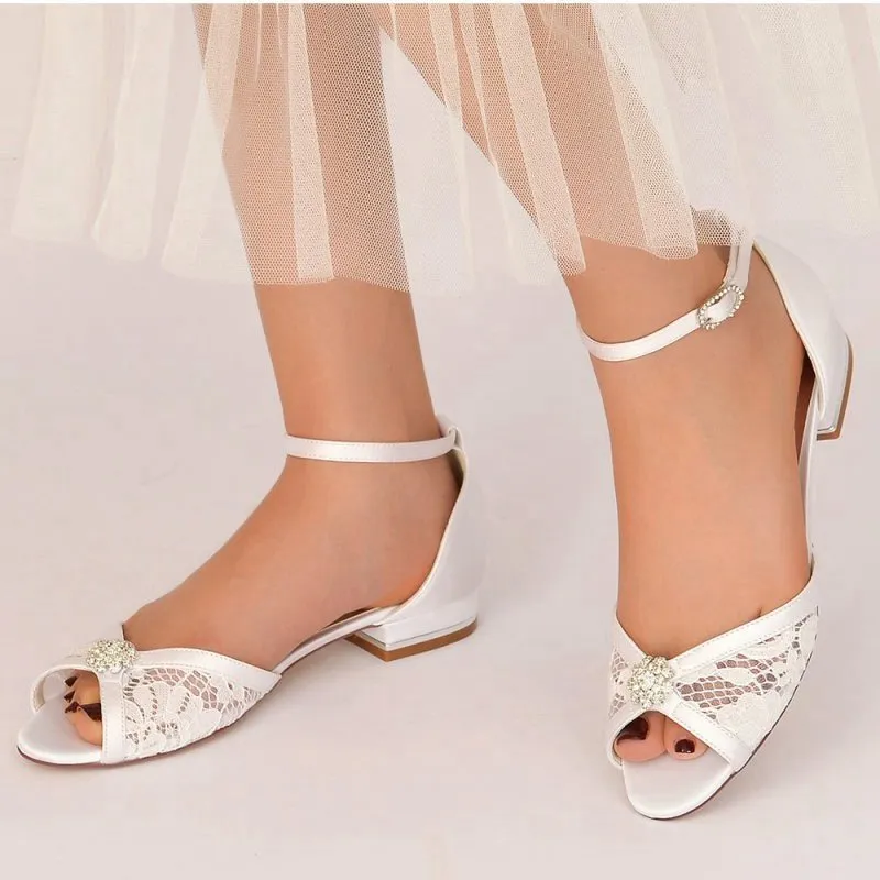 Lace Open Toe Flats with Ankle Strap