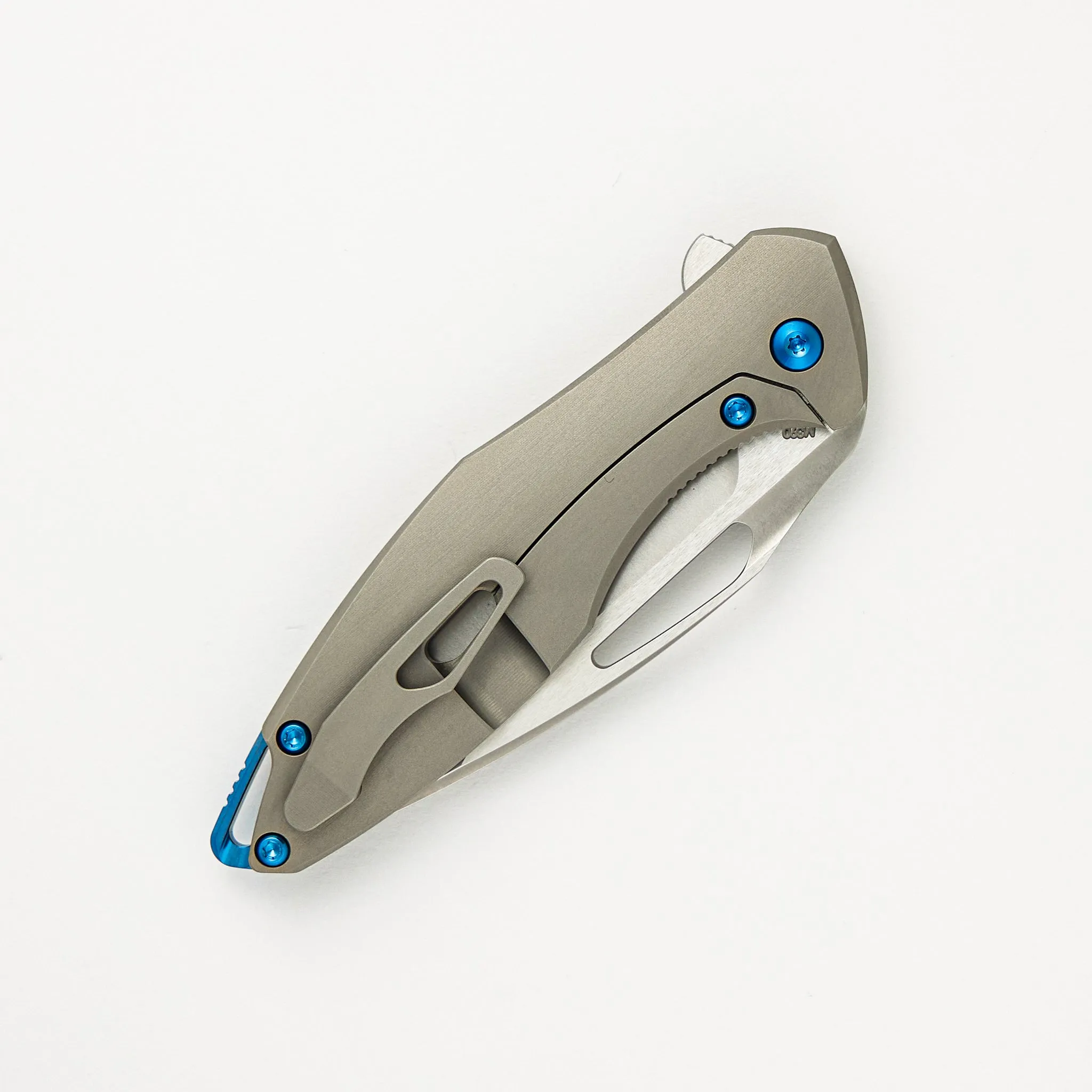 Mini Arius - Smooth Titanium Handle - Blue Hardware -  Burnished W/ Polished Flats M390 Blade