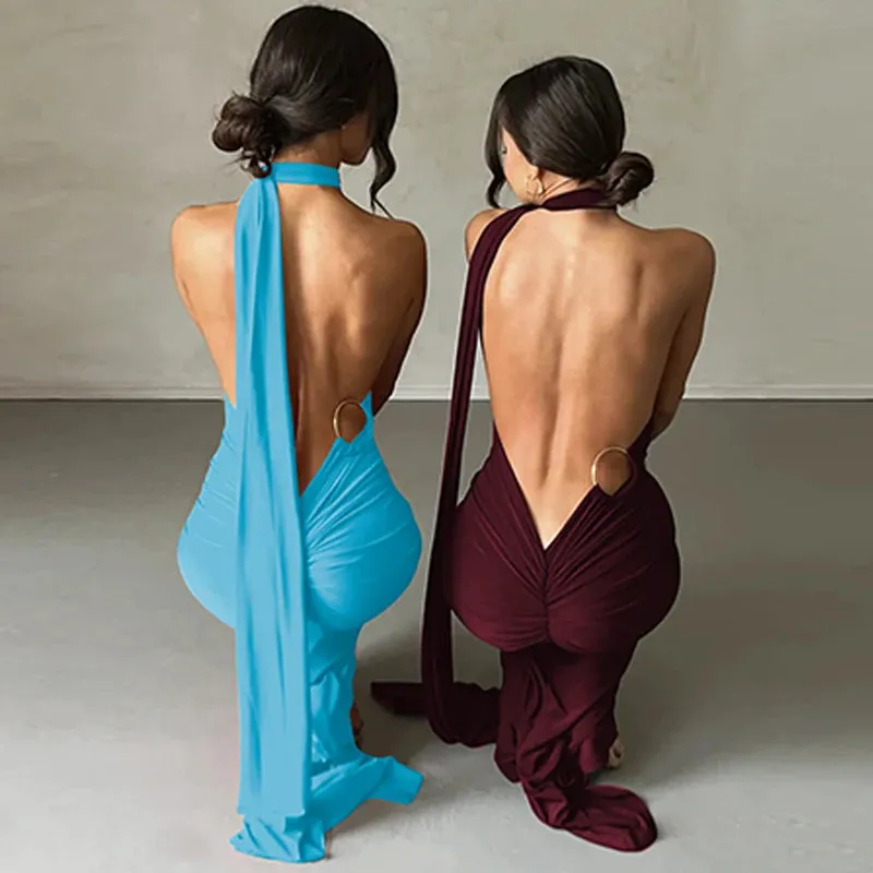Obsidian Phoenix One-Shoulder Backless Maxi Dress