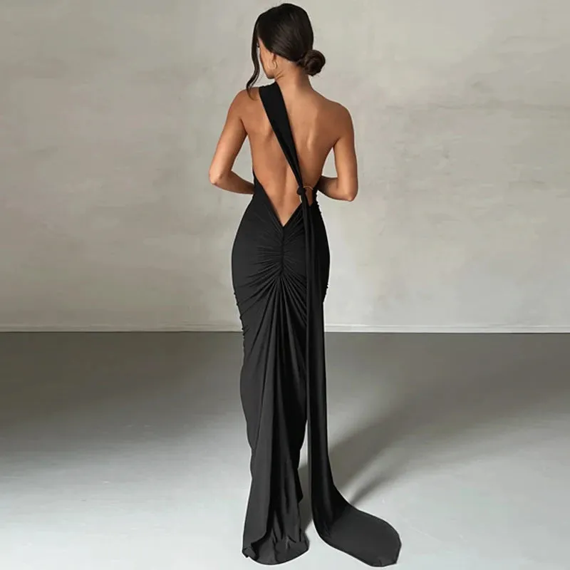 Obsidian Phoenix One-Shoulder Backless Maxi Dress