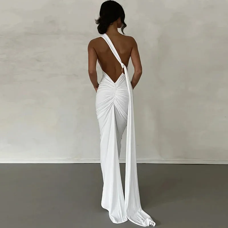 Obsidian Phoenix One-Shoulder Backless Maxi Dress
