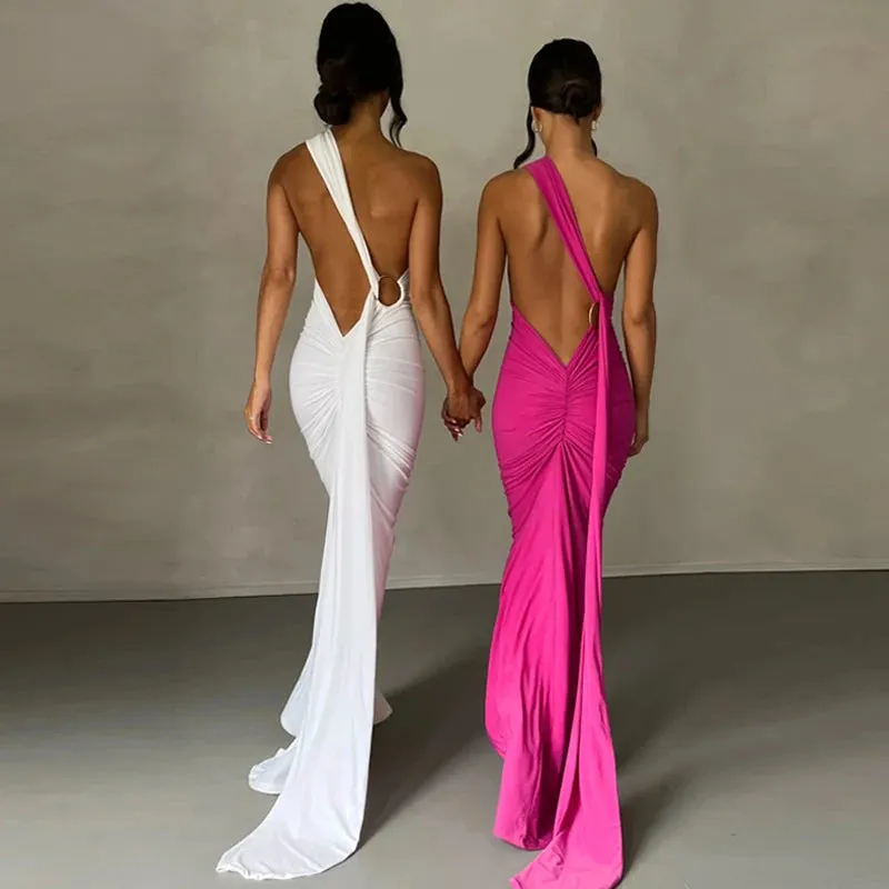 Obsidian Phoenix One-Shoulder Backless Maxi Dress