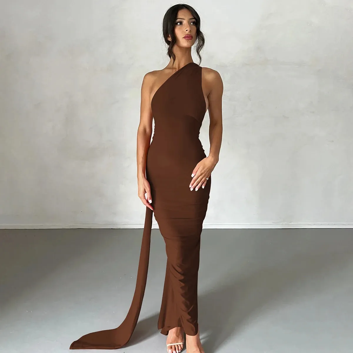 Obsidian Phoenix One-Shoulder Backless Maxi Dress