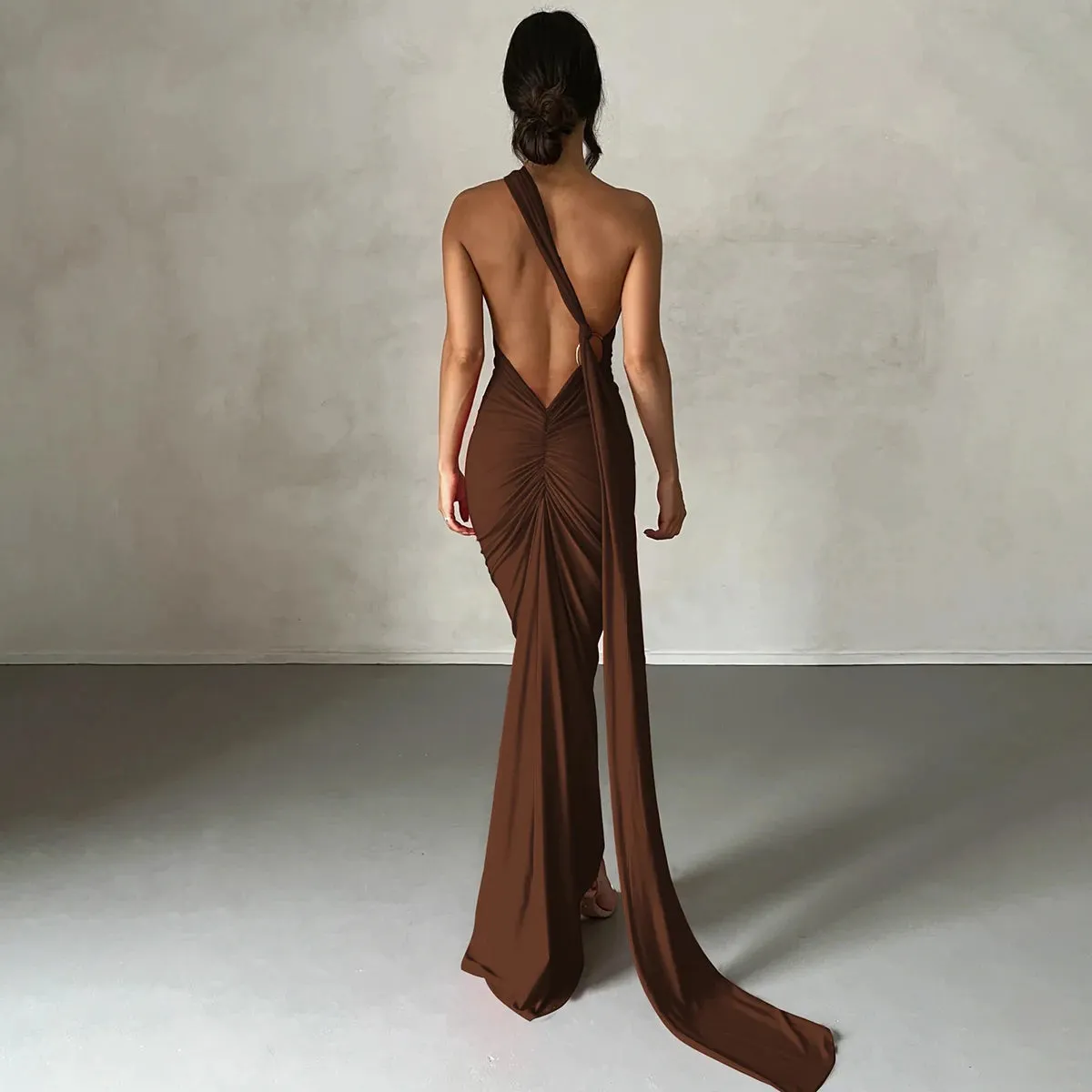 Obsidian Phoenix One-Shoulder Backless Maxi Dress