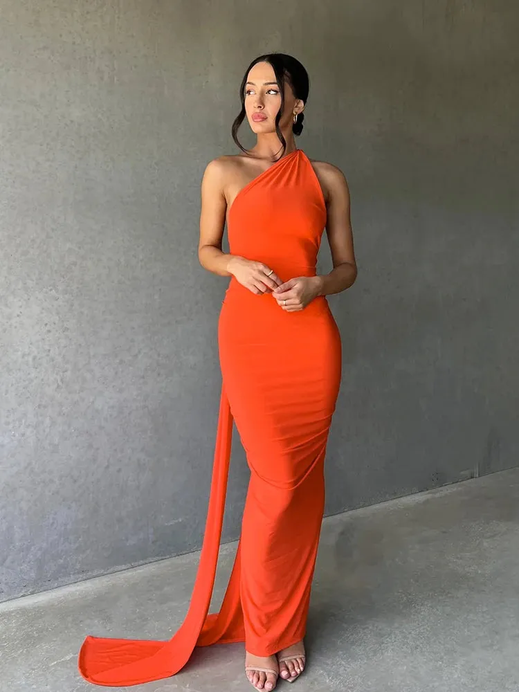 Obsidian Phoenix One-Shoulder Backless Maxi Dress